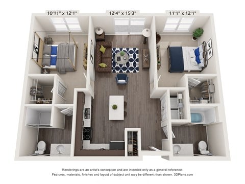 Floor plan for 2 beds, 2 baths, 987 sqft